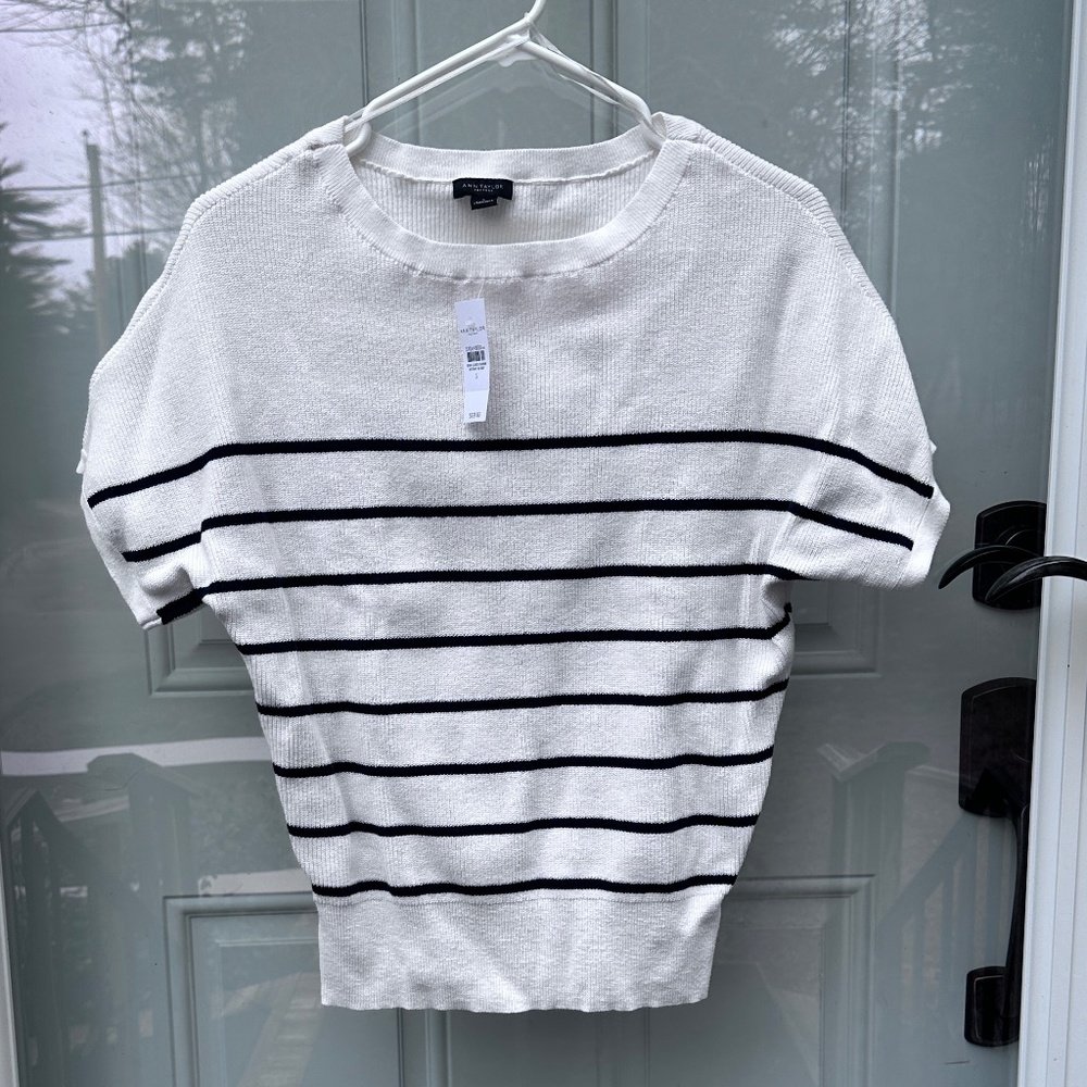 Ann Taylor Factory striped sweater, cream/black short sleeves, women’s size S